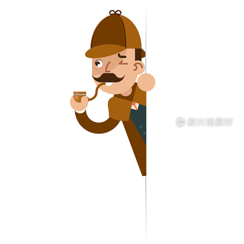 侦探与吸烟烟斗卡通人物平面设计矢量插图