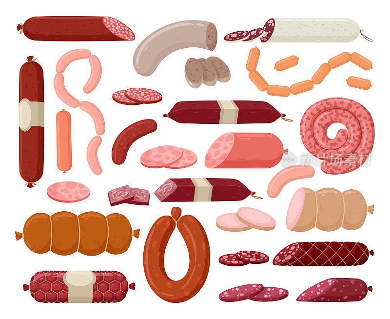 卡通香肠，肉店肉制品。鲜肉半成品香肠和法兰克福香肠平面矢量插图集。美味的肉类食物集合
