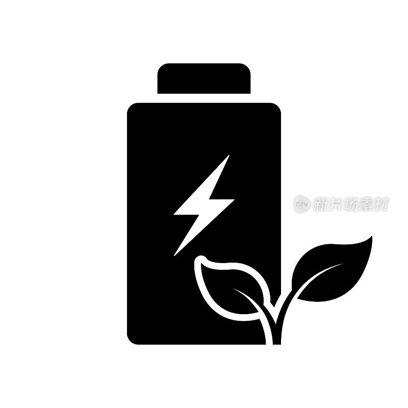 生态充电蓄能器与树叶和闪电剪影图标。可再生电池象形文字。生态绿色能源标志。循环利用电力。孤立的矢量图