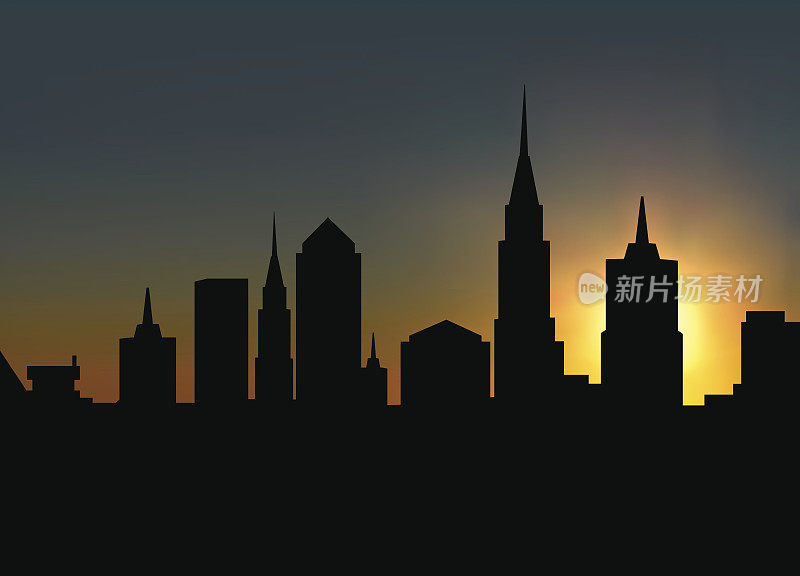 城市摩天大楼的日落。