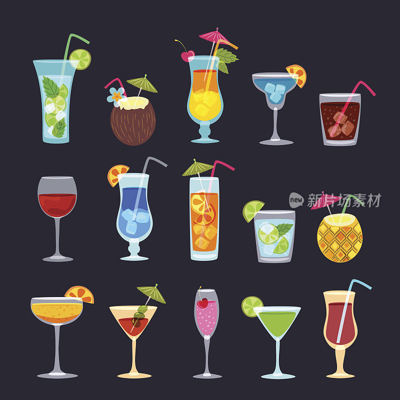 热带鸡尾酒，果汁，葡萄酒和香槟酒杯设置在黑色背景。矢量手绘涂鸦插图。