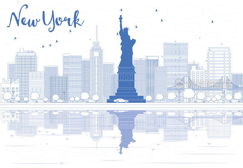 用蓝色的建筑物勾勒出纽约市的天际线。