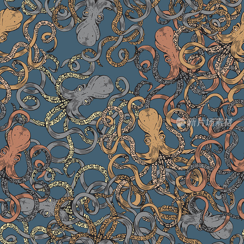 矢量手绘制无缝模式与章鱼。涂鸦背景颜色。海洋生物的模式。