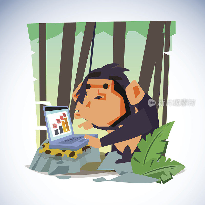 聪明的猴子与电脑。字符设计-向量