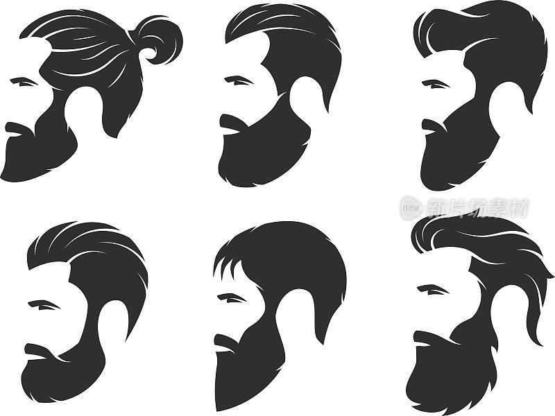 一组剪影的大胡子男人，时髦的风格。理发店的标志。