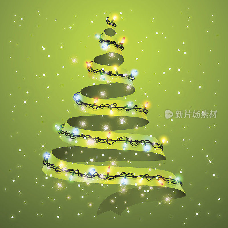 圣诞树彩带的背景。圣诞贺卡设计的发光灯。一张新年和圣诞贺卡或聚会邀请。矢量插图。