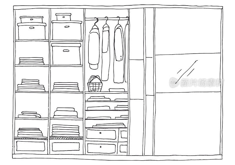 开放式衣柜，衣服放在架子和衣架上。矢量插图的草图风格。
