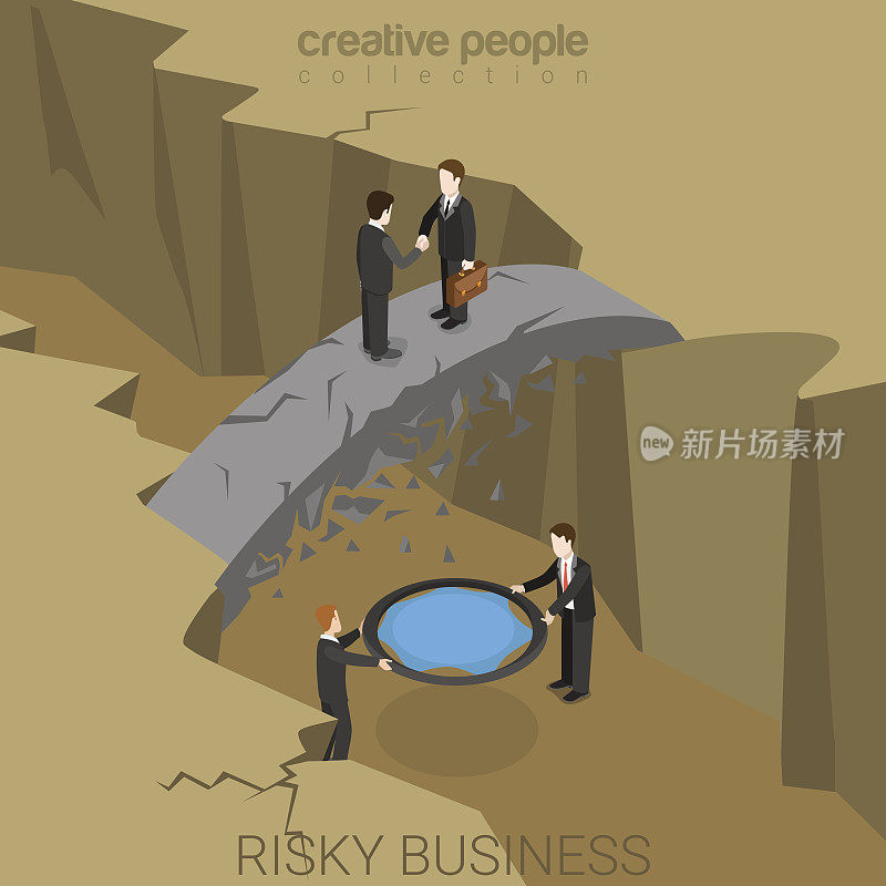 风险业务平面三维等距等距风险保险概念网络矢量插图。商人握手伙伴关系断桥和蹦床确保。有创造力的人集合。