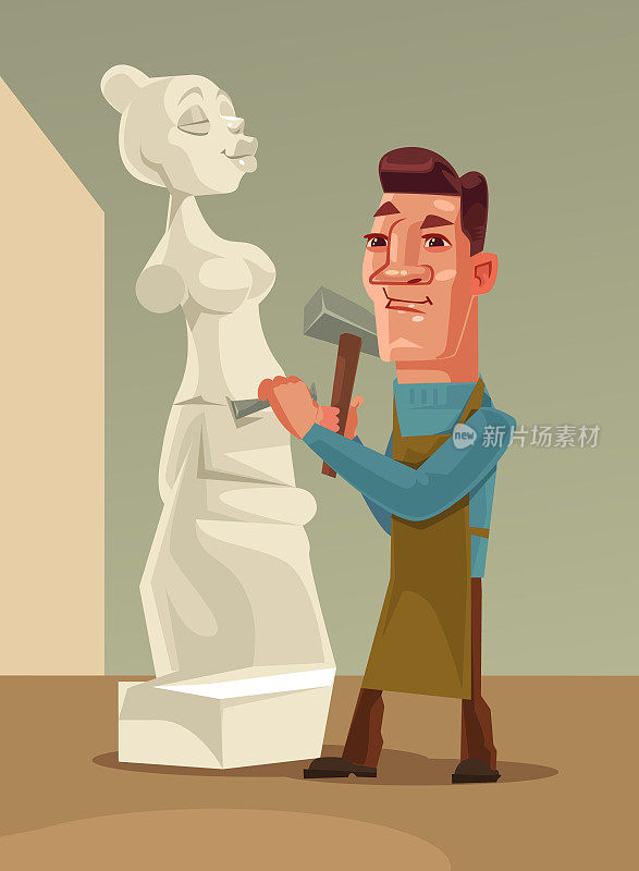 快乐微笑的雕刻家，用石头塑造女人的男人性格