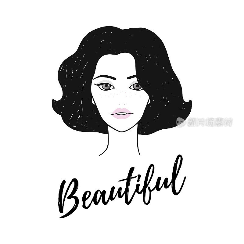 年轻女子漂亮的脸蛋和美丽的引述。矢量面部插图的女性黑色的头发风格，美丽的图标，化妆品图标在白色的背景，海报，衣服打印