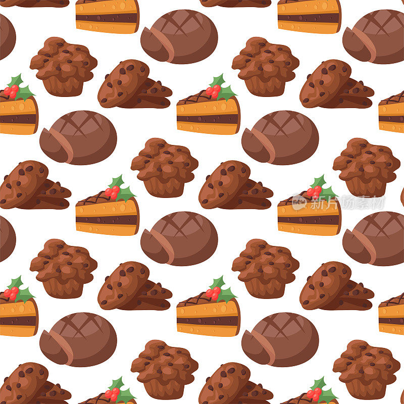 饼干蛋糕美味的零食美味的巧克力自制糕点饼干甜甜点烘焙食品无缝图案背景矢量插图