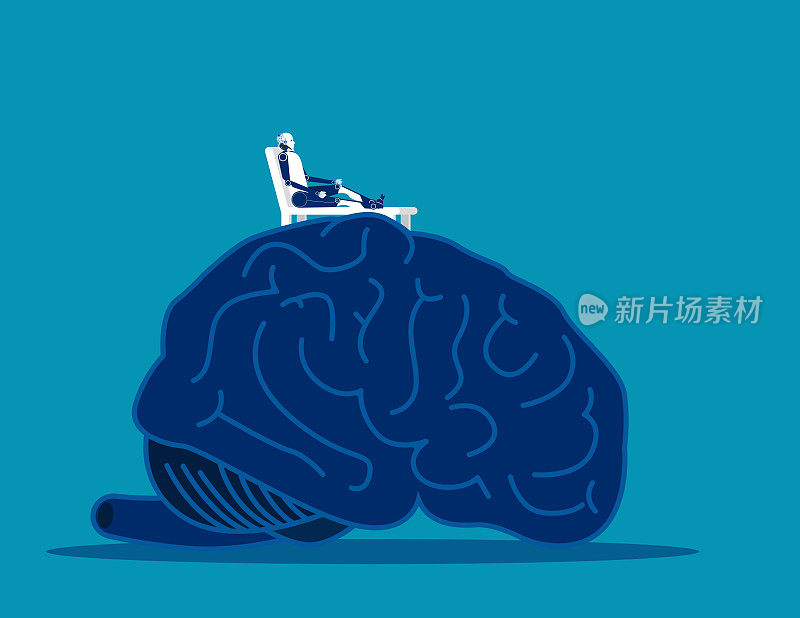 大脑放松。机器人在巨大的大脑上放松。概念商业矢量插图。