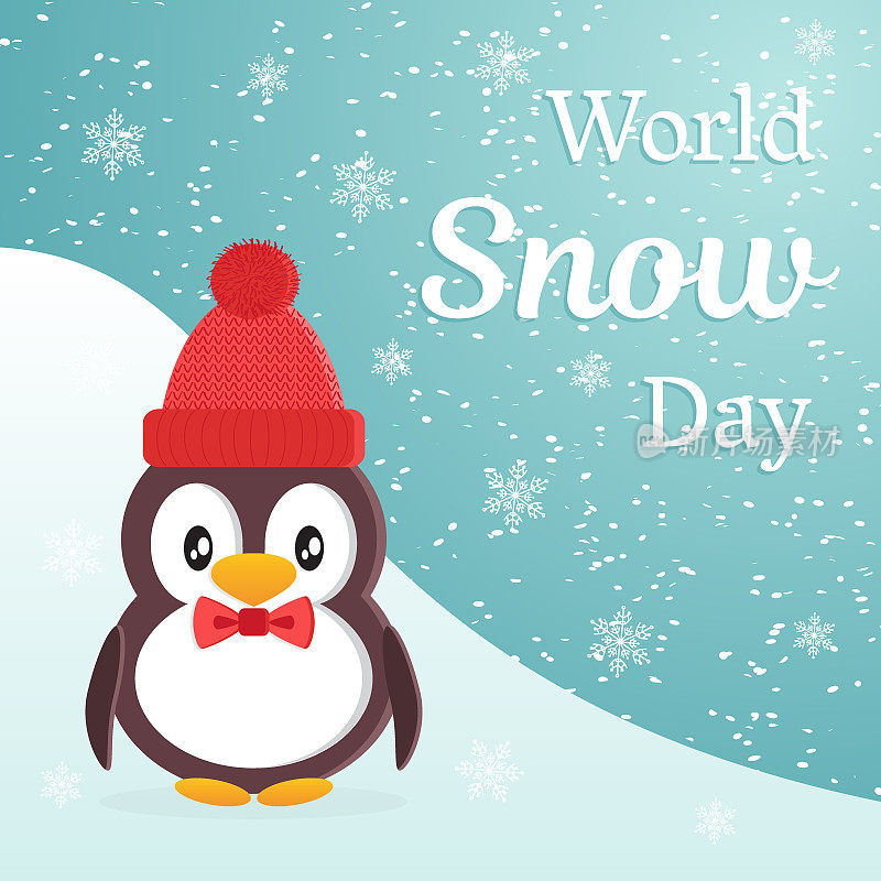 世界雪日主题设计。可爱的卡通企鹅戴着暖和的帽子，系着一只蝴蝶在雪地上滑行。平风格向量