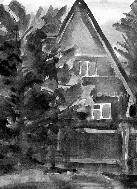 木屋在村庄，森林附近的小屋，素描插图