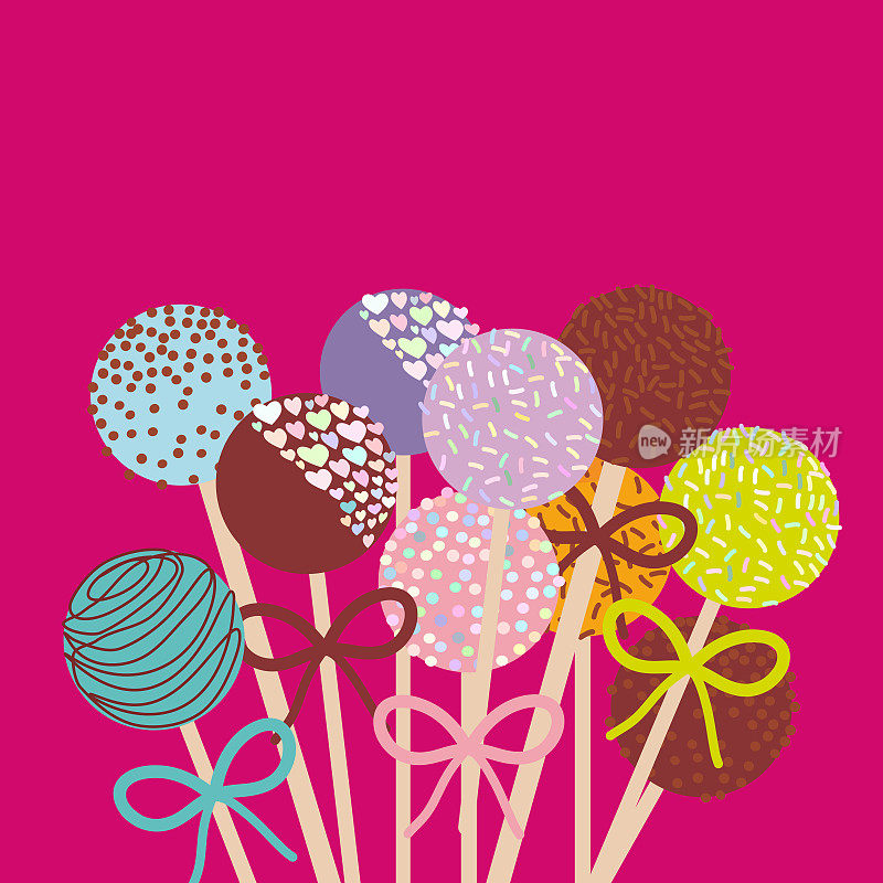 彩色甜蛋糕棒棒糖与蝴蝶结在深粉色的背景。向量