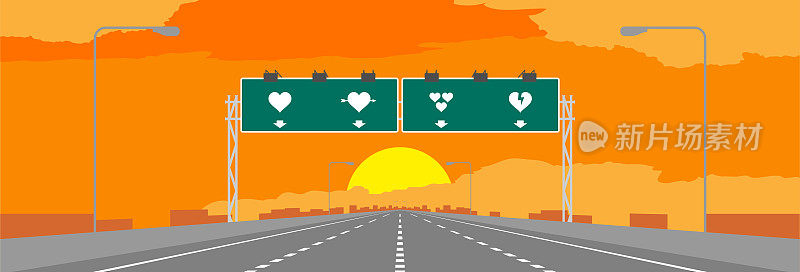 高速公路或高速公路和绿色标志与心形象征情人节概念设计在日出或日落时间插图在橙色天空背景，与复制空间