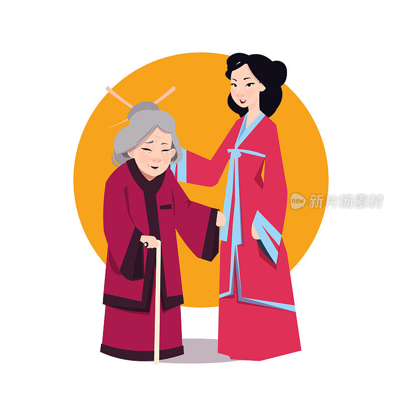 两个亚洲妇女在日本和服年轻女孩和年长女士穿着传统服装