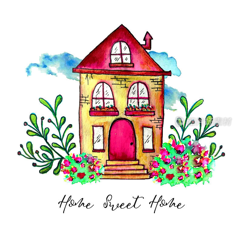 甜蜜的家标签。可爱的水彩老建筑与树枝和草药孤立在白色的背景。手绘卡片上有快乐的房子和鲜花。