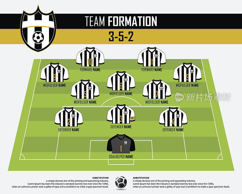 足球或足球比赛的队形信息图表。足球衫和球员在足球场上的位置。足球标志在平面设计。向量。
