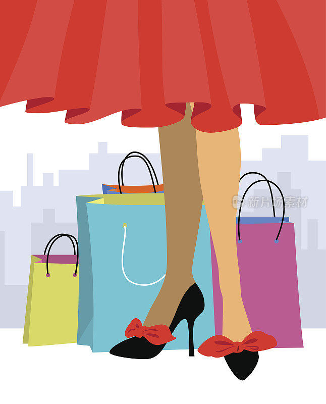 一个穿着红色裙子和高跟鞋和购物袋的女人。销售的概念