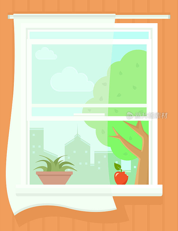 打开夏日美景的窗户。花盆上多肉植物，窗台上苹果