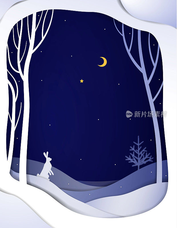 纸冬森林夜景以白兔子为背景，纸冬童话为背景，矢量