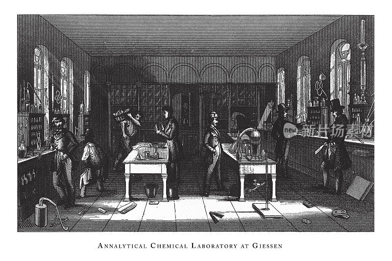 吉森分析化学实验室，化学实验室，仪器和设备雕刻古董插图，1851年出版