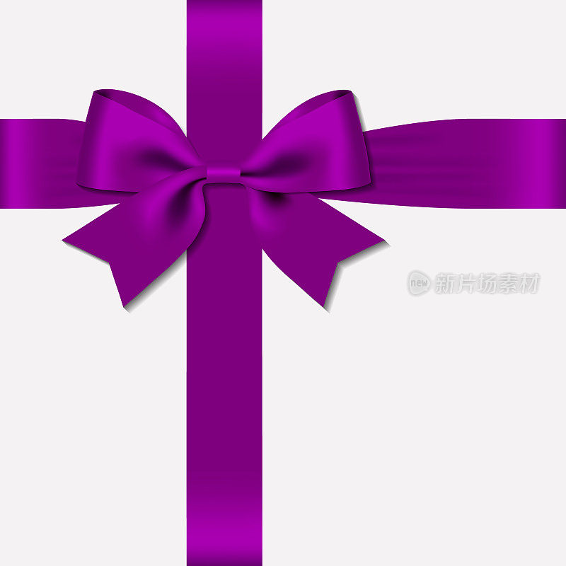 现实装饰光泽缎紫色丝带蝴蝶结，孤立的白色背景