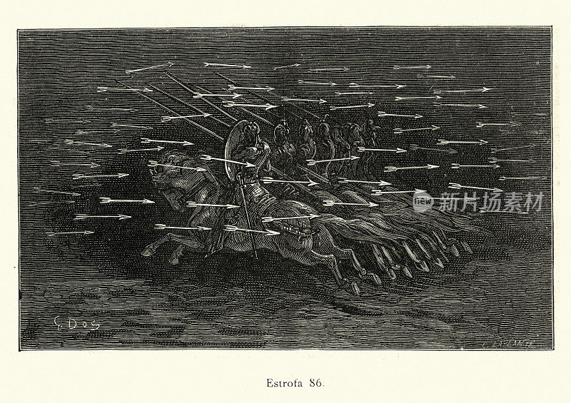 中世纪的骑士骑在马背上冲进箭雨