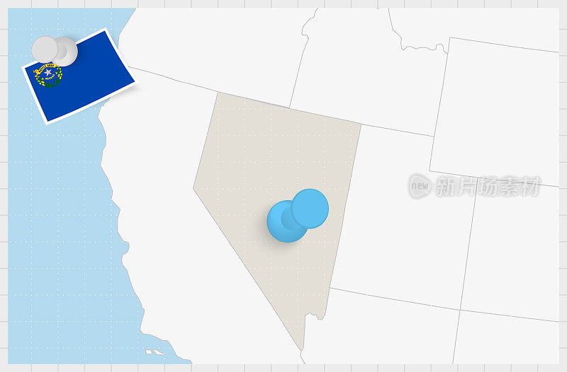 内有蓝色别针的内华达地图。内华达州的别针旗。