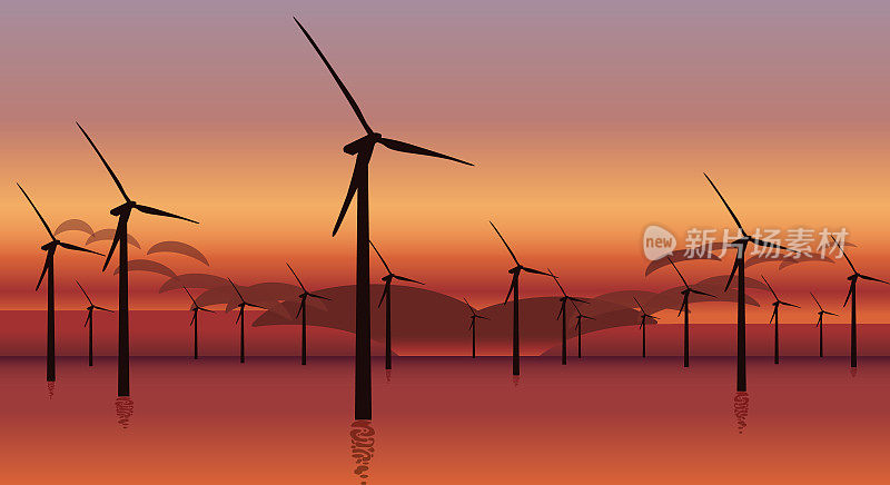 日落时分散布在海上的风力涡轮机的矢量图像