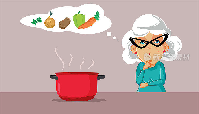 老年妇女正在考虑制作蔬菜汤矢量卡通