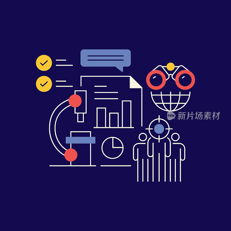 市场调查相关设计与线图标。业务,目标受众,愿景,战略。