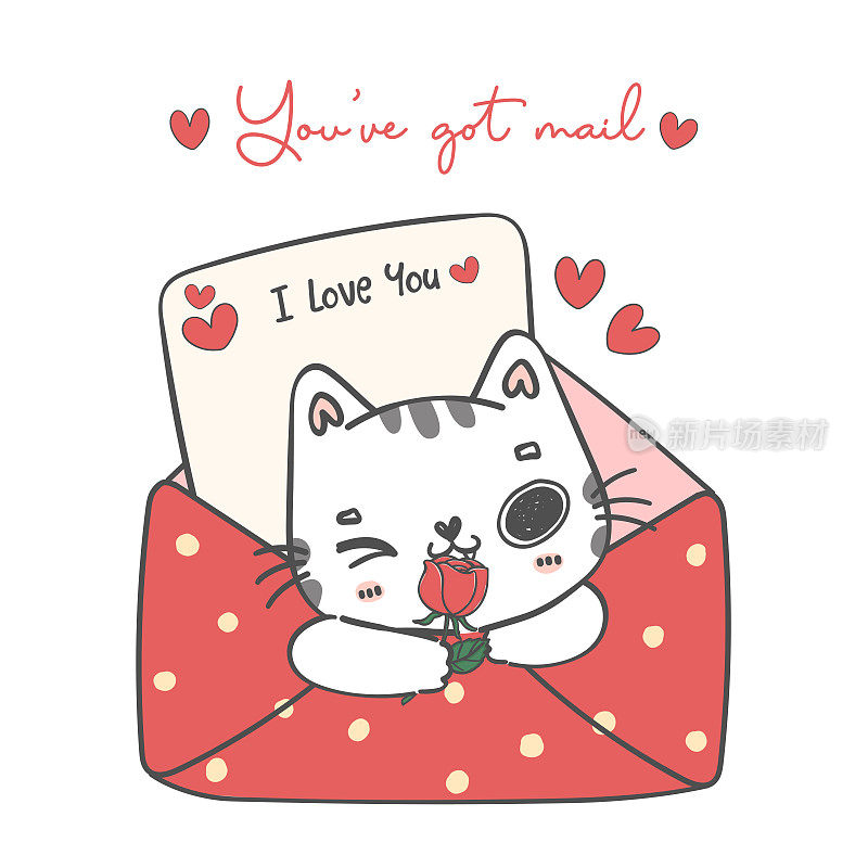 可爱的情人节白色小猫虎斑猫在爱情红包卡通动物涂鸦手绘插图矢量