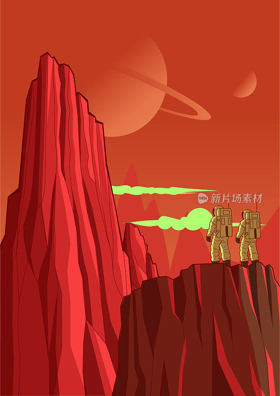 矢量复古宇航员探索一个新的红色星球卡通股票插图