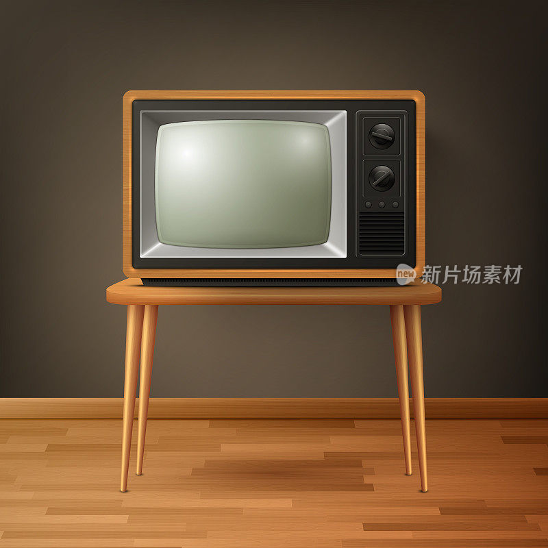矢量3d现实的棕色木制复古电视接收器在木桌子上。家居室内设计概念。老式电视机，电视，前视图