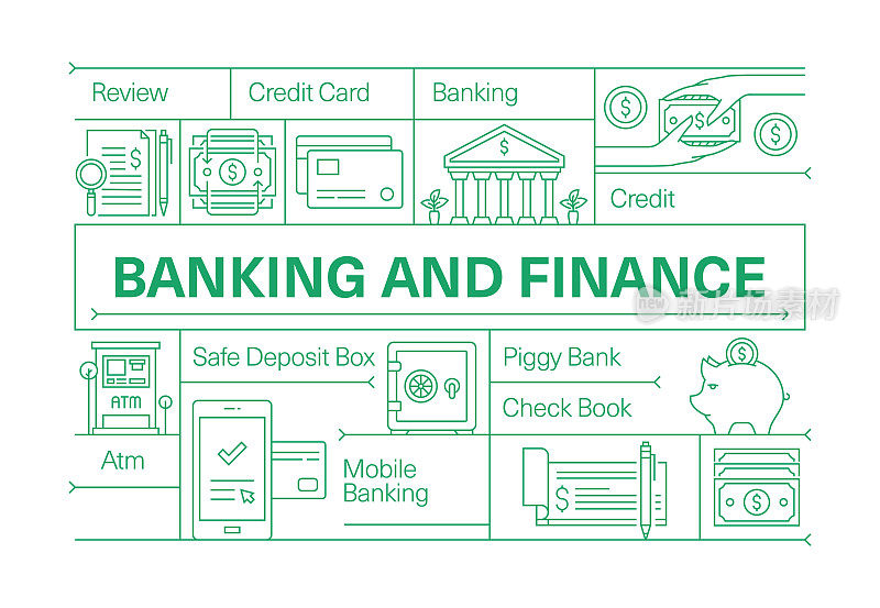 银行和金融线图标集和横幅设计