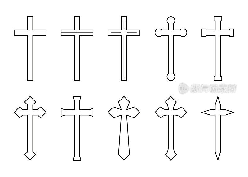 十字线形状剪影。传统宗教符号。教堂十字标志。矢量图