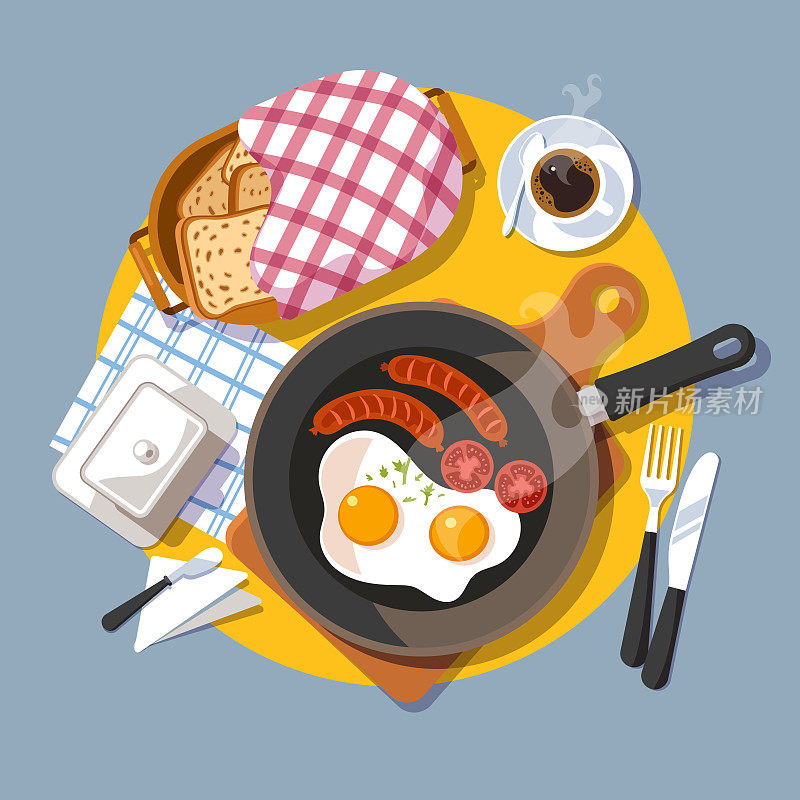 矢量插图的传统早餐炒鸡蛋，香肠，面包，一杯咖啡。前视图。经典的欧式早餐。早上的食物。