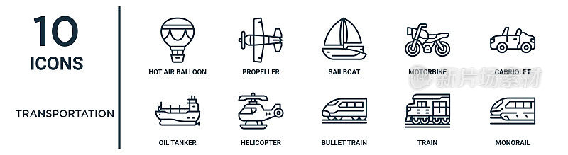 运输大纲图标集包括细线热气球，帆船，敞篷车，直升机，火车，单轨，油轮图标的报告，演示，图表，网页设计