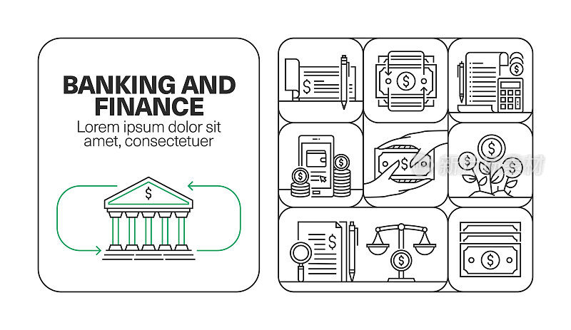 银行和金融横幅线图标集设计