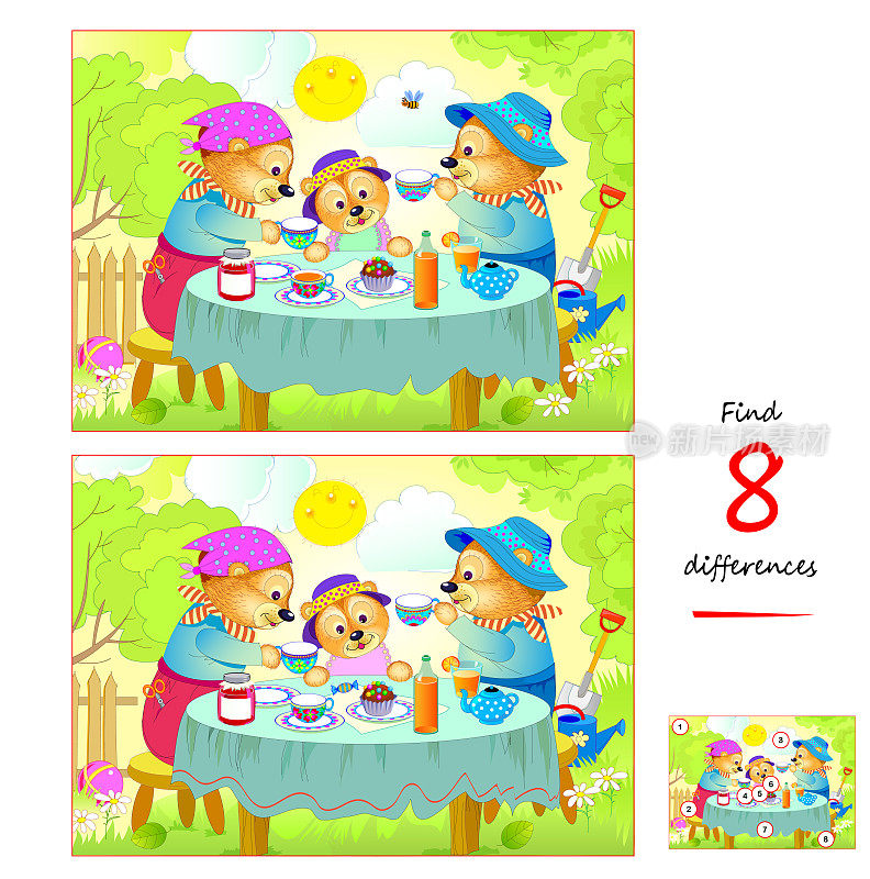 找出8个不同点。可爱的小熊一家人吃早餐的插图。逻辑益智游戏为儿童和成人。儿童脑筋急转弯书页。发展计数技能。矢量图。