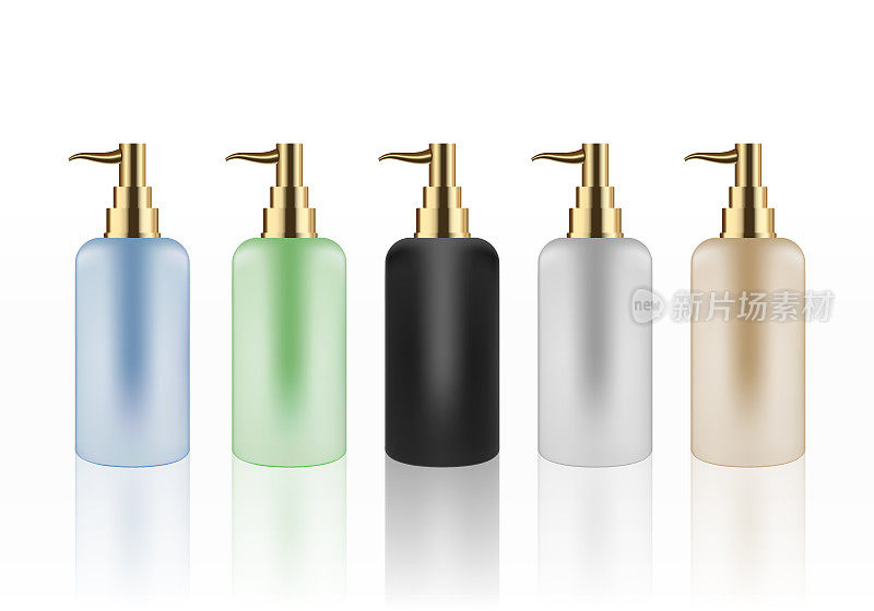 泵瓶模型:精华液，bb霜。塑料包装设计。金，银，黑，绿，蓝化妆品，卫生，护肤模板。