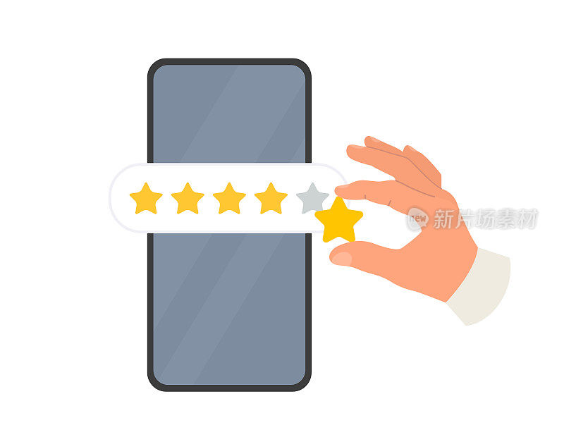 消费者评论和反馈的概念。手机评级图标。人手留下5颗星的评论。矢量插图隔离在白色背景上。