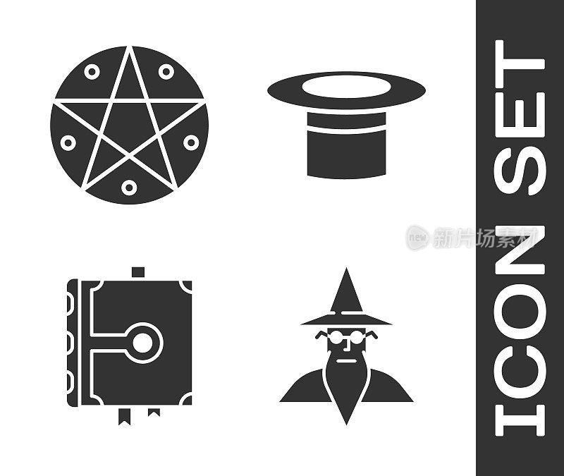 集法师术士，五角星在一个圆圈，古代魔法书和魔术师帽子图标。向量