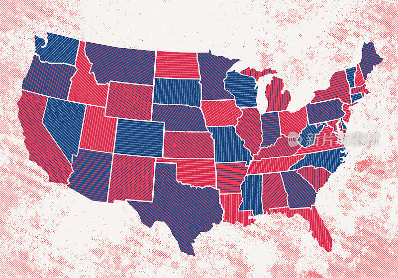 美国各州地图的半色调线条纹理-蓝色和红色