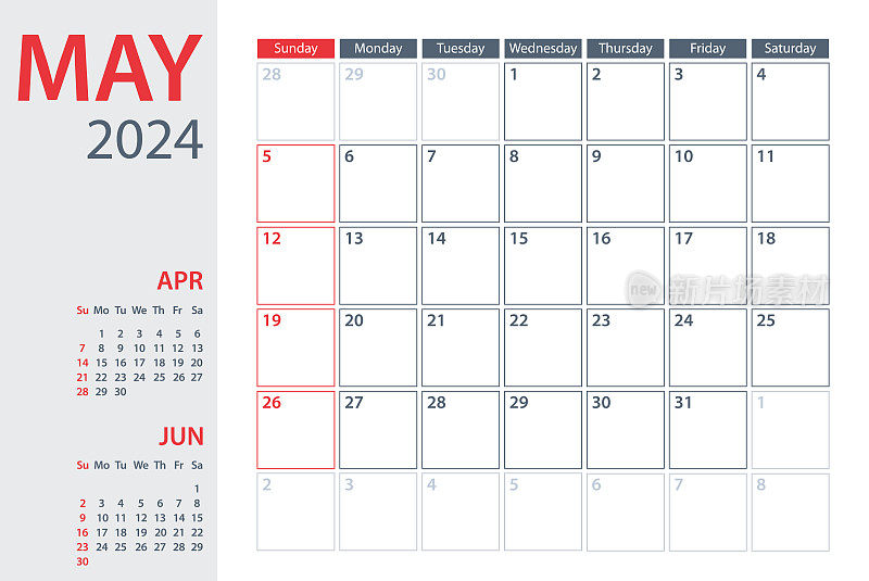 2024年5月日历规划矢量模板。一周从周日开始