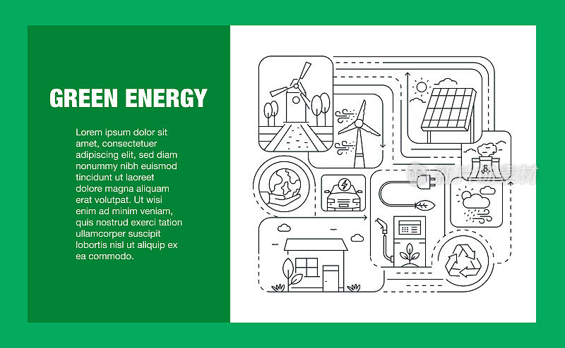 绿色能源线图标集和横幅设计。电动汽车，回收利用，太阳能，风能，零排放