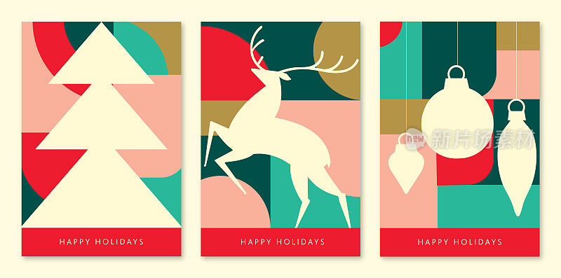节日快乐问候抽象几何彩色马赛克贺卡平面设计模板与树，鹿和装饰品