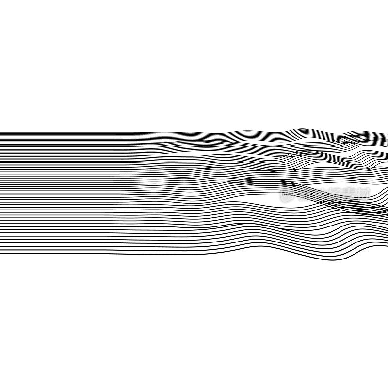 平静的左边和地形的右边，平行线形成山脉和丘陵或波浪的形式